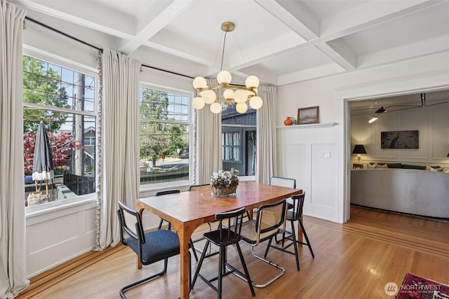 2233 2nd Ave W, Seattle, WA 98119 - dining room featuring coffered ceiling, wood finished floors, a chandelier, and beam ceiling