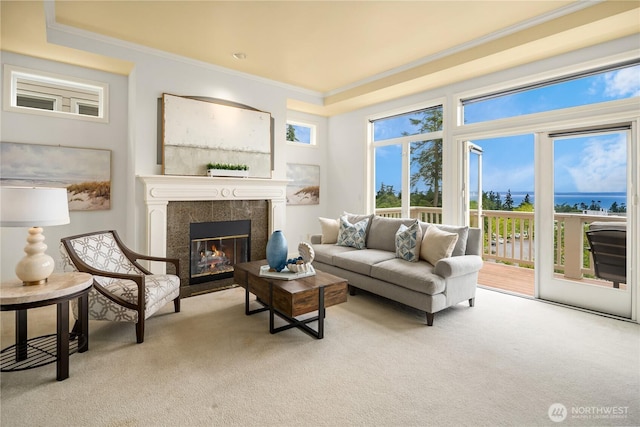 6290 Harbour Heights Parkway Unit A3, Mukilteo, WA 98275 - living room with light colored carpet, crown molding, and a high end fireplace