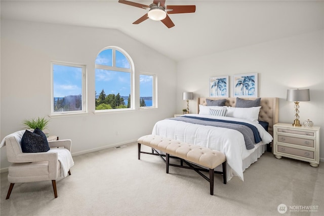 6290 Harbour Heights Parkway Unit A3, Mukilteo, WA 98275 - bedroom with vaulted ceiling, light colored carpet, and ceiling fan