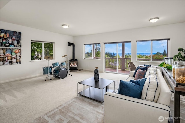 6290 Harbour Heights Parkway Unit A3, Mukilteo, WA 98275 - living area featuring a wood stove, plenty of natural light, and carpet