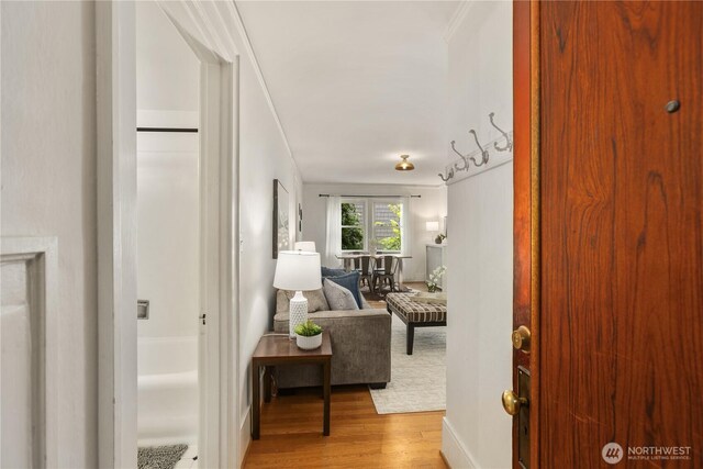 4725 15th Ave NE Unit 22, Seattle, WA 98105 - corridor featuring light wood-type flooring and crown molding