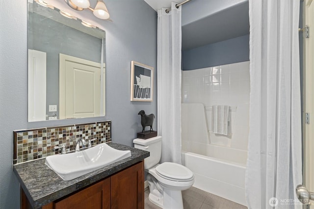 1635 Tannerwood Way SE, North Bend, WA 98045 - bathroom with tasteful backsplash, shower / bathtub combination with curtain, vanity, and tile patterned flooring