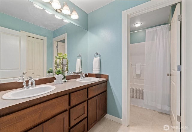 1635 Tannerwood Way SE, North Bend, WA 98045 - bathroom with double vanity, shower / tub combo with curtain, and tile patterned floors