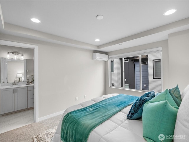 509 237th Pl SE Unit D, Bothell, WA 98021 - bedroom featuring a wall unit AC, recessed lighting, light marble finish floors, a raised ceiling, and ensuite bathroom