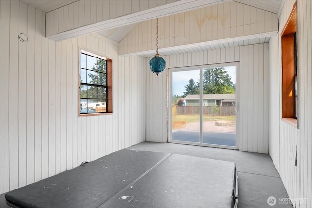 618 Main St, Vader, WA 98593 - unfurnished dining area with lofted ceiling and wooden walls
