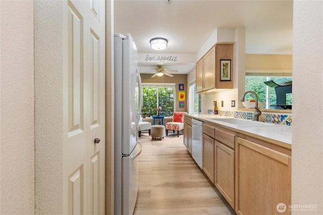 723 114th St SW Unit Y101, Everett, WA 98204 - kitchen with white appliances, light wood-style flooring, light countertops, a ceiling fan, and light brown cabinetry