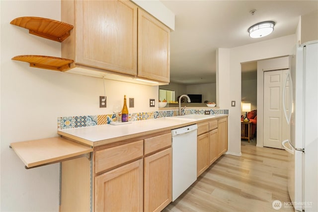 723 114th St SW Unit Y101, Everett, WA 98204 - kitchen featuring light brown cabinets, white appliances, light wood-style flooring, and open shelves