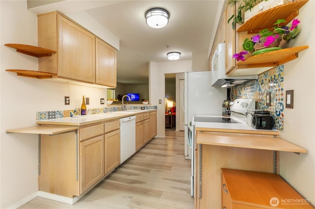 723 114th St SW Unit Y101, Everett, WA 98204 - kitchen featuring open shelves, white appliances, light brown cabinetry, light wood finished floors, and light countertops