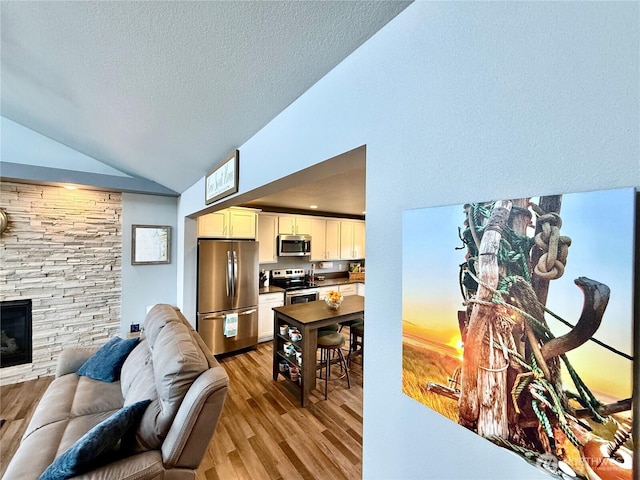 1155 Greenview Ave SW, Ocean Shores, WA 98569 - living room featuring lofted ceiling, light wood-style flooring, a textured ceiling, and a stone fireplace