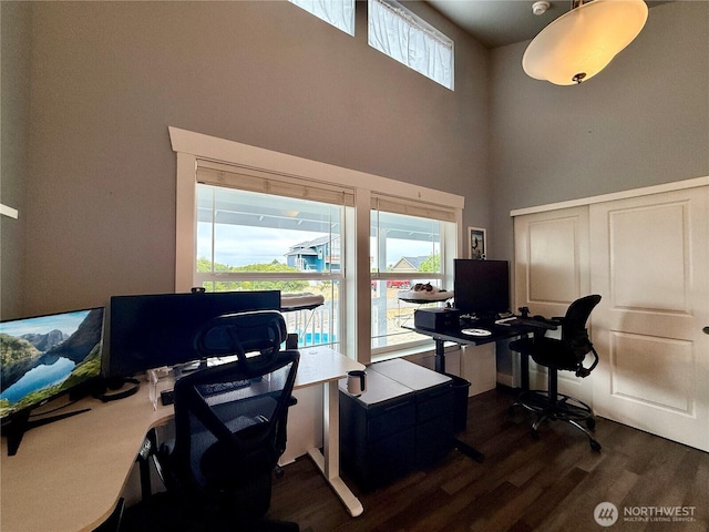 1155 Greenview Ave SW, Ocean Shores, WA 98569 - office with a towering ceiling and dark wood-style flooring