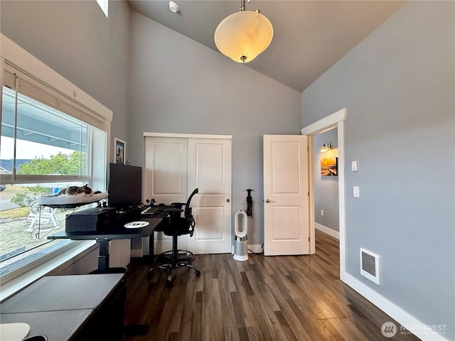 1155 Greenview Ave SW, Ocean Shores, WA 98569 - office area with high vaulted ceiling and dark wood-type flooring