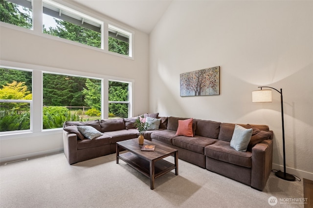 6518 73rd Ave E, Olympia, WA 98516 - living room featuring carpet and high vaulted ceiling