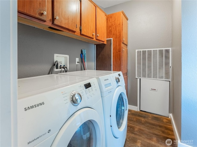 115 Hummingbird Rd, East Wenatchee, WA 98802 - laundry area with cabinet space, dark wood-type flooring, a heating unit, independent washer and dryer, and a textured wall