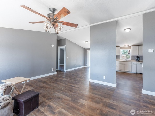 115 Hummingbird Rd, East Wenatchee, WA 98802 - unfurnished living room with ceiling fan, dark wood finished floors, and vaulted ceiling