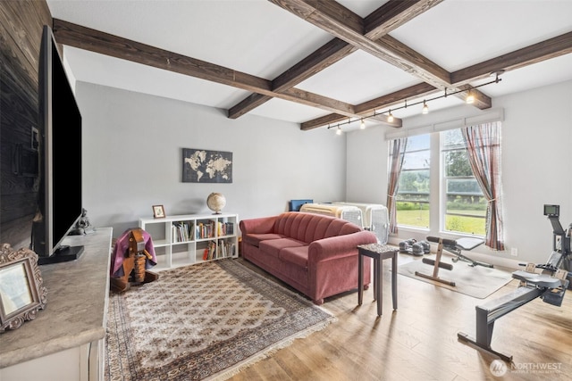 1966 Hooker Rd, Sequim, WA 98382 - living area featuring light wood-type flooring, beam ceiling, and coffered ceiling