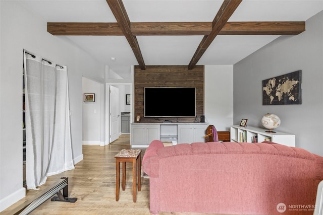 1966 Hooker Rd, Sequim, WA 98382 - living room featuring light wood-style floors, beamed ceiling, and coffered ceiling