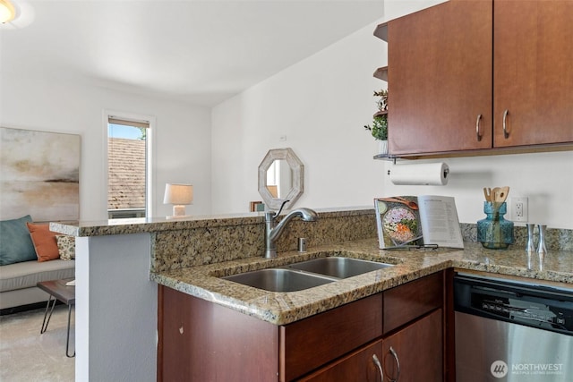 1125 N 93rd St Unit 6, Seattle, WA 98103 - kitchen with stainless steel dishwasher, a peninsula, light stone counters, and open shelves