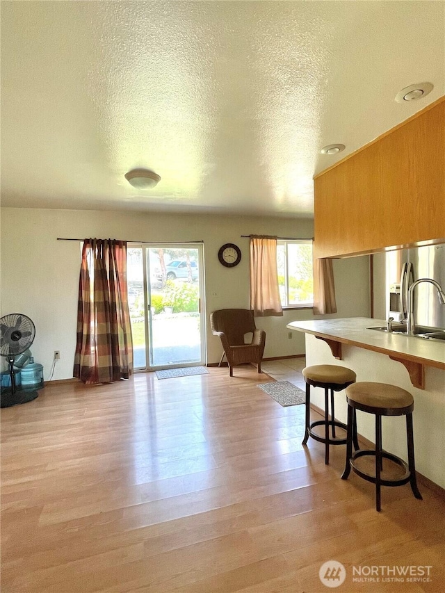 59G Copple Rd, Omak, WA 98841 - kitchen with a breakfast bar area, light wood-type flooring, a textured ceiling, light countertops, and open floor plan
