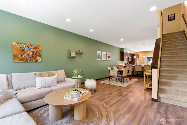 7162 Shinkle Pl SW Unit 64, Seattle, WA 98106 - living room featuring stairway, recessed lighting, and light wood-style floors