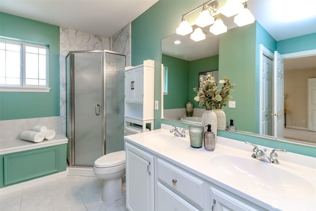 3112 87th Avenue Ct E, Edgewood, WA 98371 - full bathroom with a stall shower, double vanity, a chandelier, tile patterned flooring, and a bath