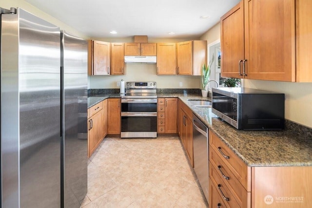 16204 Corliss Pl N, Shoreline, WA 98133 - kitchen with appliances with stainless steel finishes, under cabinet range hood, dark stone countertops, recessed lighting, and brown cabinets