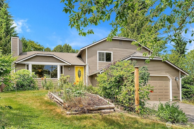 409 169th St SE, Bothell, WA 98012 - tri-level home with a front lawn, driveway, a chimney, a garage, and roof with shingles