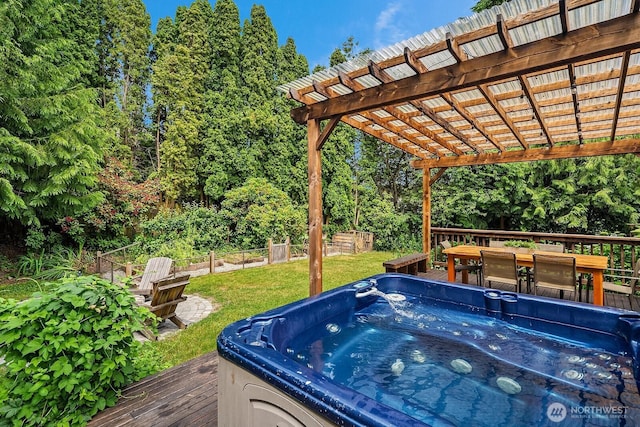 409 169th St SE, Bothell, WA 98012 - wooden terrace with a hot tub, a pergola, and outdoor dining area