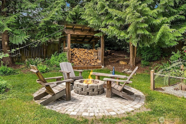 409 169th St SE, Bothell, WA 98012 - view of yard featuring a fire pit, a pergola, and a patio area