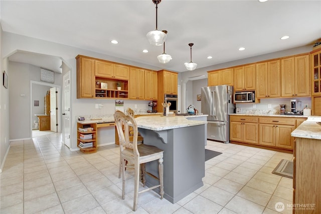 21414 137th Ave NE, Arlington, WA 98223 - kitchen featuring appliances with stainless steel finishes, open shelves, recessed lighting, light tile patterned floors, and light stone countertops