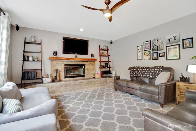 21414 137th Ave NE, Arlington, WA 98223 - living room with a ceiling fan, a brick fireplace, and recessed lighting