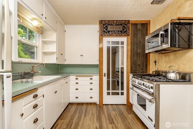 6711 100th St SW, Lakewood, WA 98499 - kitchen with luxury stove, stainless steel microwave, wood finished floors, white cabinets, and light countertops