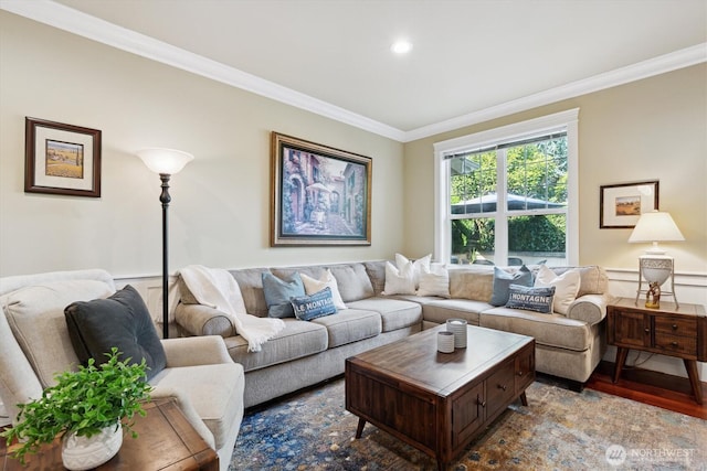 26713 178th Loop SE, Covington, WA 98042 - living area featuring ornamental molding, wood finished floors, a wainscoted wall, and recessed lighting