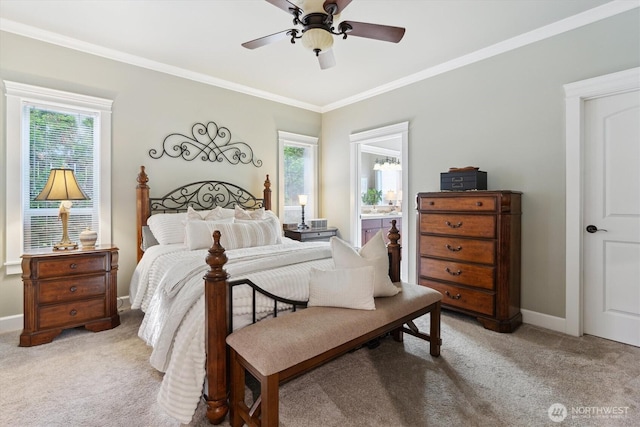26713 178th Loop SE, Covington, WA 98042 - bedroom with light colored carpet, ornamental molding, ceiling fan, and ensuite bath