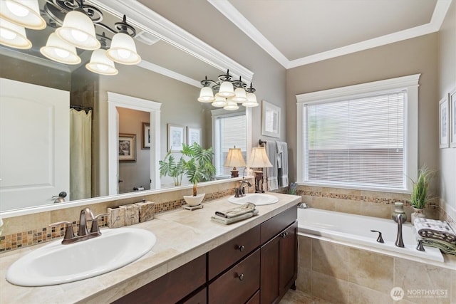 26713 178th Loop SE, Covington, WA 98042 - bathroom featuring double vanity, a bath, and ornamental molding