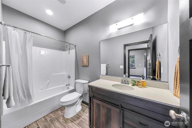 3 River Ridge Loop, Bellingham, WA 98229 - bathroom with shower / tub combo with curtain, vanity, and wood tiled floors