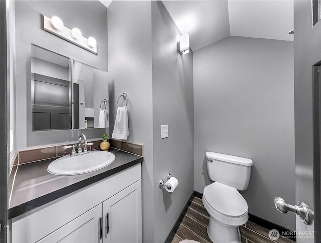 3 River Ridge Loop, Bellingham, WA 98229 - half bathroom featuring wood finished floors, vanity, and vaulted ceiling