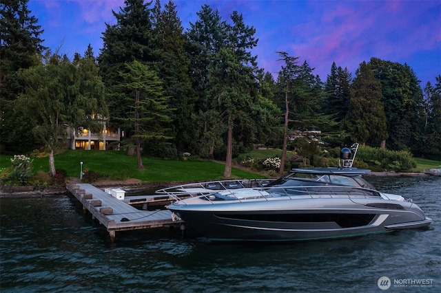3639 Hunts Point Rd, Hunts Point, WA 98004 - dock area with a water view, a lawn, and a view of trees