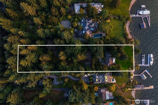 3639 Hunts Point Rd, Hunts Point, WA 98004 - aerial view of property and surrounding area featuring property boundaries highlighted and a nearby body of water