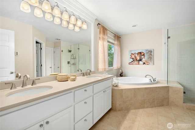 1014 274th Way SE, Sammamish, WA 98075 - full bathroom featuring a shower stall, double vanity, a bath, and tile patterned floors