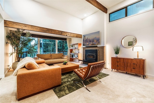 830 S 301st Pl, Federal Way, WA 98003 - living room with carpet flooring, a towering ceiling, beam ceiling, and a fireplace