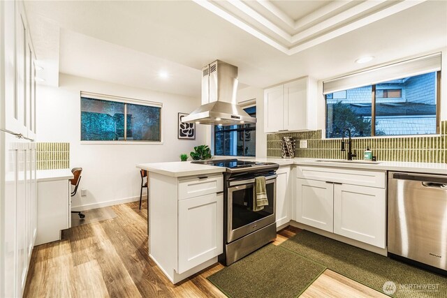 830 S 301st Pl, Federal Way, WA 98003 - kitchen featuring stainless steel appliances, island range hood, a peninsula, white cabinets, and light countertops