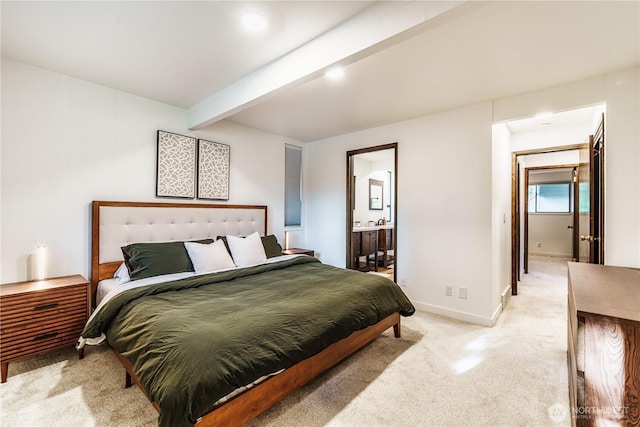 830 S 301st Pl, Federal Way, WA 98003 - bedroom featuring light colored carpet, beam ceiling, and ensuite bathroom
