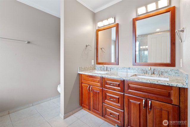 22019 84th Avenue Ct E, Graham, WA 98338 - bathroom with double vanity, ornamental molding, tile patterned flooring, and a shower