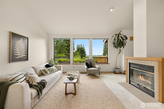 1708 Whatcom St, Bellingham, WA 98229 - carpeted living area featuring lofted ceiling and a fireplace