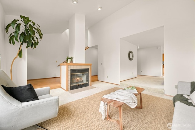 1708 Whatcom St, Bellingham, WA 98229 - living room with light colored carpet, a fireplace, and recessed lighting