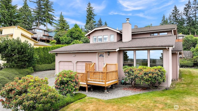 1708 Whatcom St, Bellingham, WA 98229 - rear view of property featuring a chimney, roof with shingles, a garage, a yard, and driveway