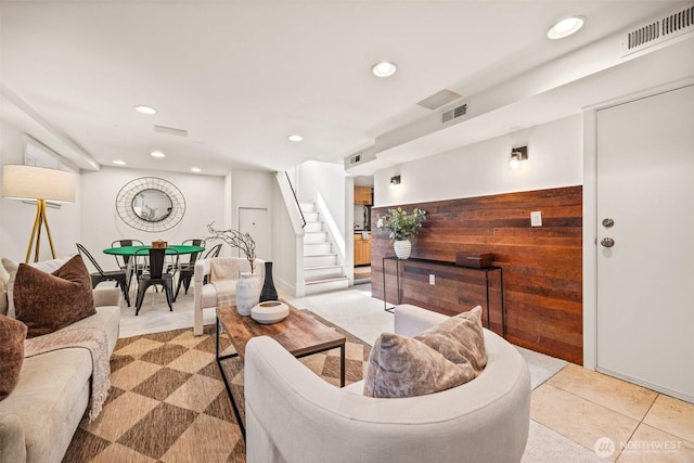 6543 12th Ave NW, Seattle, WA 98117 - living area featuring stairway, recessed lighting, and light tile patterned floors