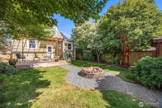 6543 12th Ave NW, Seattle, WA 98117 - fenced backyard featuring a fire pit, a wooden deck, and a pergola