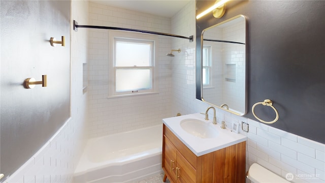 1303 Modoc, Walla Walla, WA 99362 - bathroom with vanity, bathing tub / shower combination, and tile walls