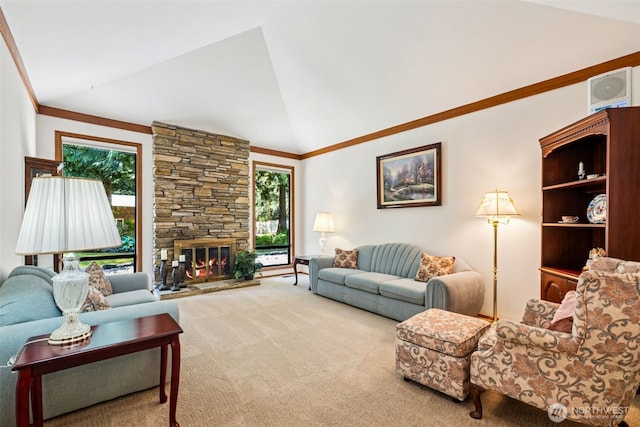 24131 SE 225th St, Maple Valley, WA 98038 - carpeted living room featuring healthy amount of natural light, a stone fireplace, lofted ceiling, and ornamental molding